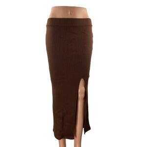 Social Tourist Women's Brown Ribbed High Waist Slit Midi Knit Pencil Skirt Sz S
